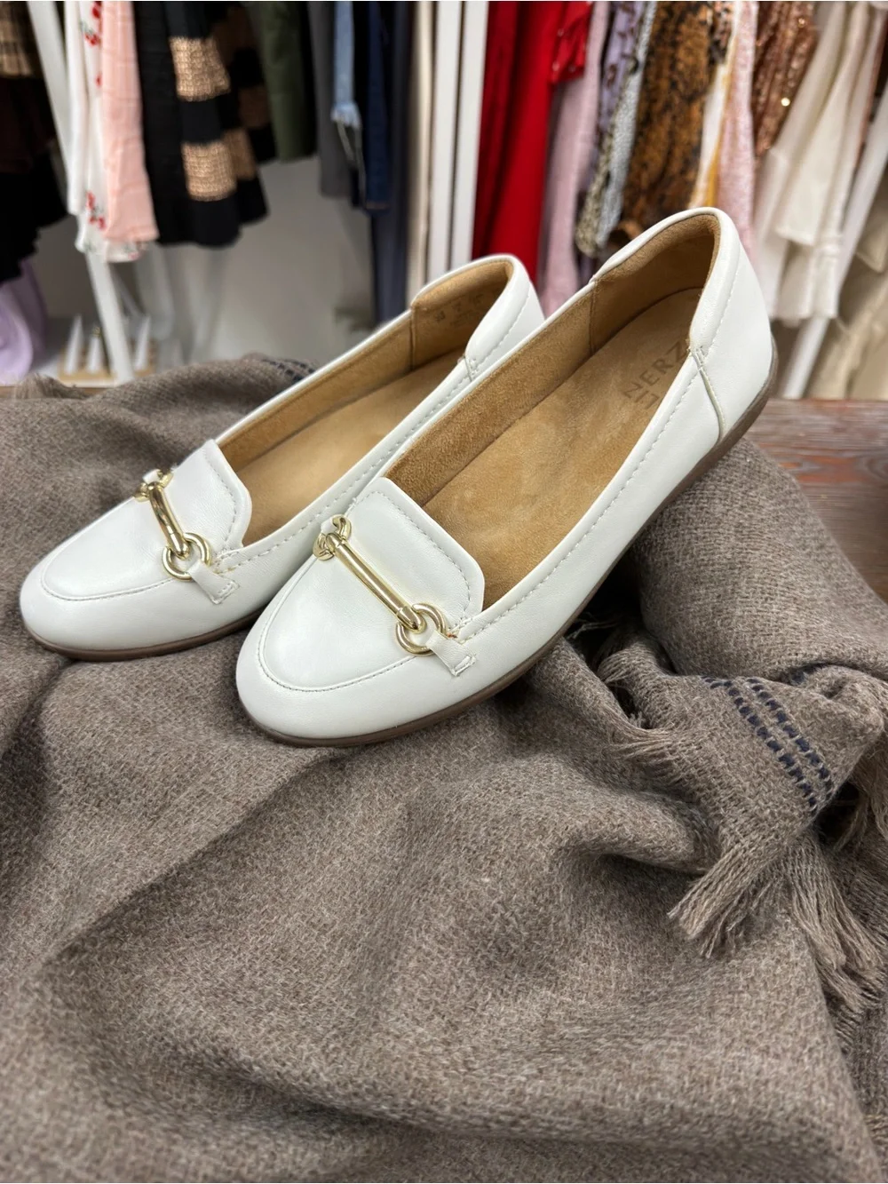 🍀3/$30 Women's White Leather Slip-On Loafers with Gold Horsebit